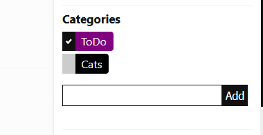 Sidebar showing two existing categories (ToDo, Cats) and an input field to add a new one