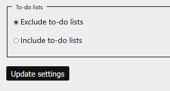 Settings with the option to include/exclude to-do lists in export